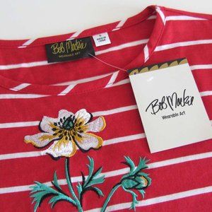NWT BOB MACKIE embroidered floral red striped top sz S